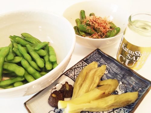 『KatsuShika SAKE CUP』日本一の枝豆と焼きナス、シシトウ炒め。